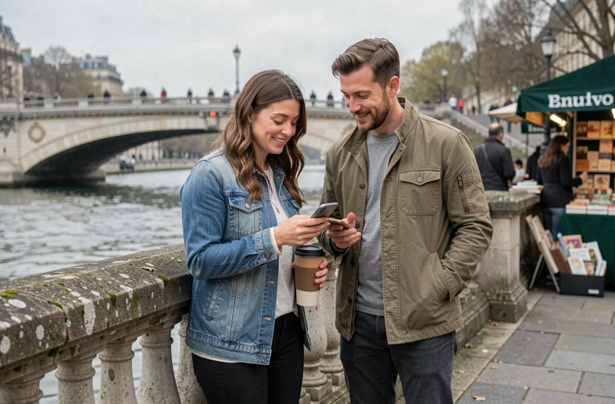 Deux amis consultant leur téléphone sur les quais de la Seine pour planifier leurs sorties parisiennes