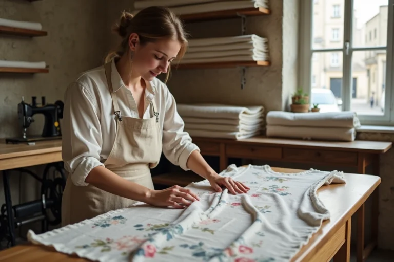 Ouvrière textile inspectant une robe dans un atelier de confection parisien style Sézane
