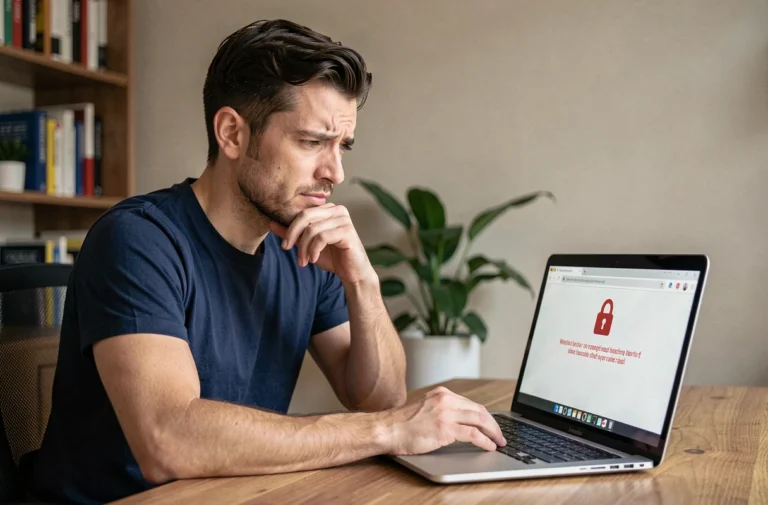 Homme frustré devant un message d'erreur d'accès sur son ordinateur portable à domicile
