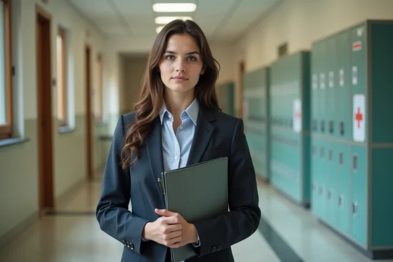 Candidate au concours CPE se préparant sereinement dans un couloir scolaire avant son oral