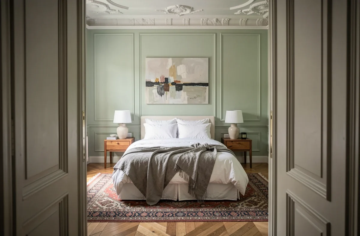 Chambre principale élégante dans un appartement haussmannien avec literie en lin, parquet ancien et moulures au plafond pour valoriser le bien