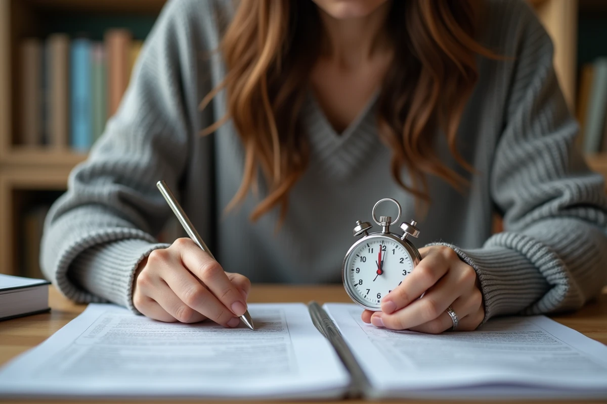 Femme chronométrant son entraînement oral sur des cas de vie scolaire réels avec un chronomètre