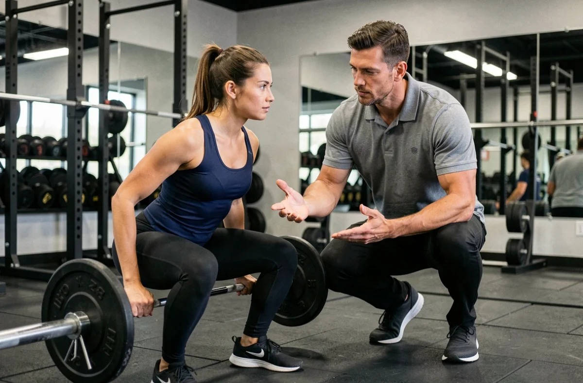 Coach sportif personnel guidant une femme lors d'une séance de squat en salle de sport moderne