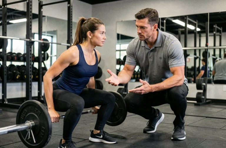 Coach sportif personnel guidant une femme lors d'une séance de squat en salle de sport moderne