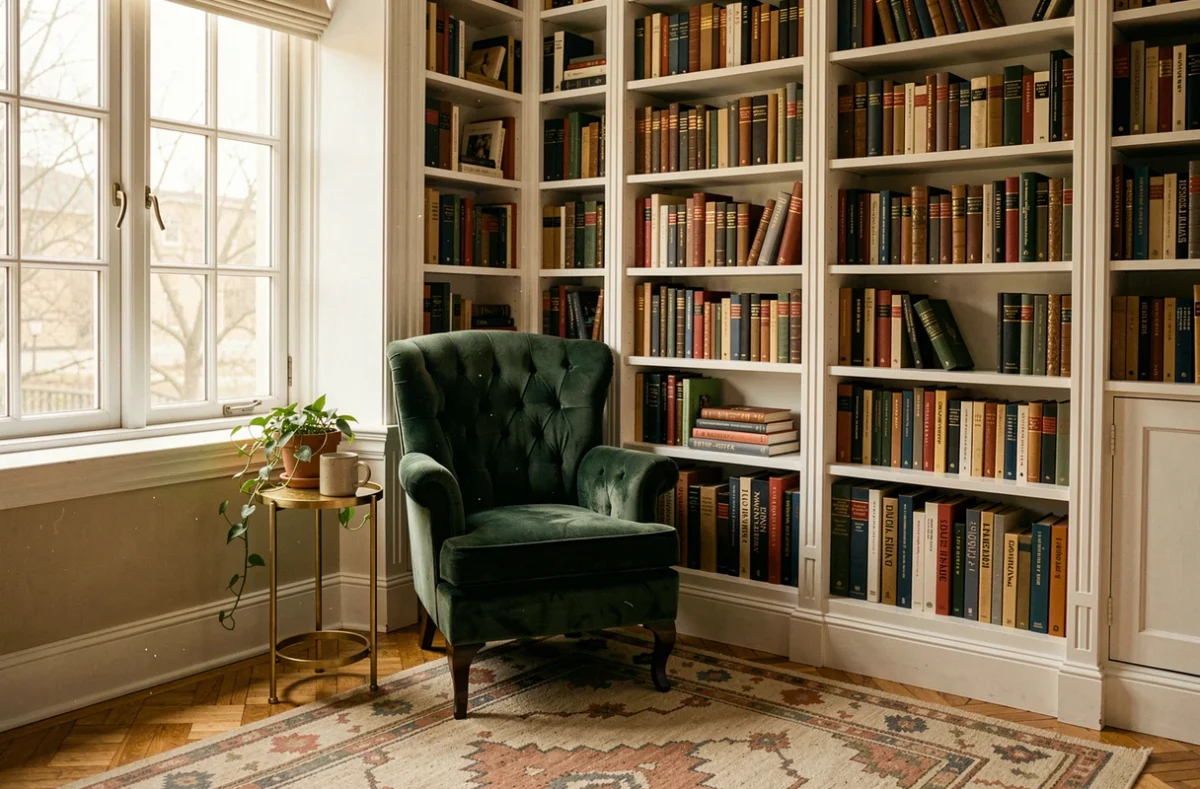 Coin lecture cosy avec fauteuil en velours vert, bibliothèque intégrée et plante dans un intérieur maison chaleureux