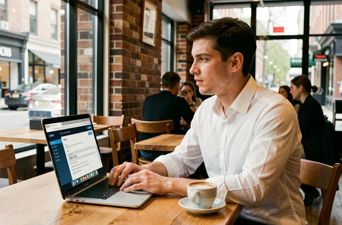 Jeune homme configurant les paramètres DNS dans un café pour accéder à un site bloqué