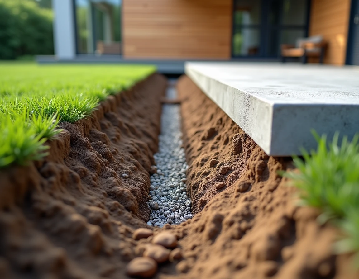 Coupe transversale d'une tranchée révélant les couches de fondation sous une terrasse en béton résidentielle