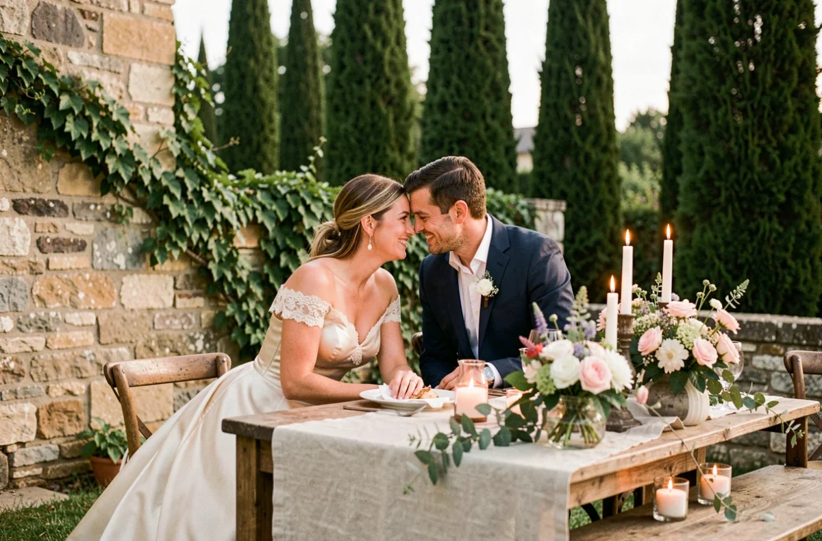 Couple de mariés souriants lors d'une réception de mariage en plein air dans un jardin de campagne française avec décoration florale rustique