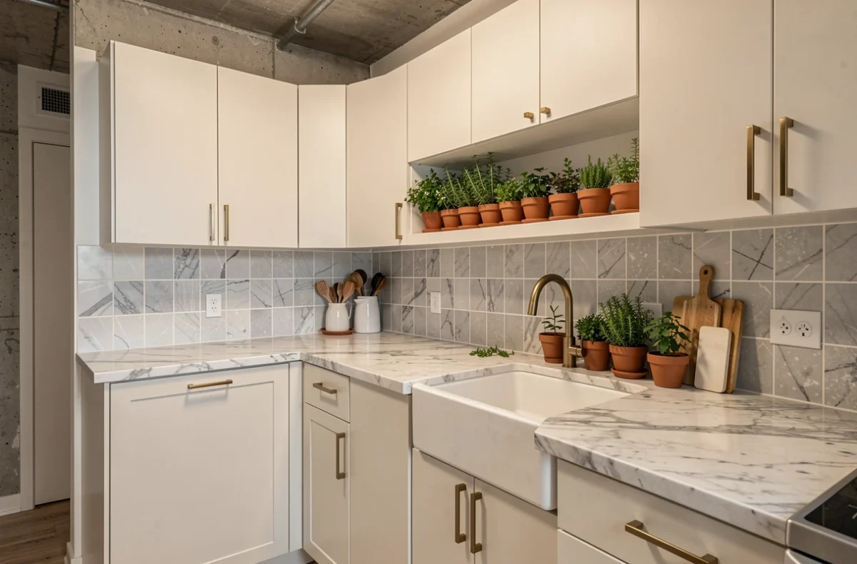 Cuisine rénovée minimaliste avec plan de travail en marbre de Carrare, crédence en zellige gris et accessoires en laiton brossé
