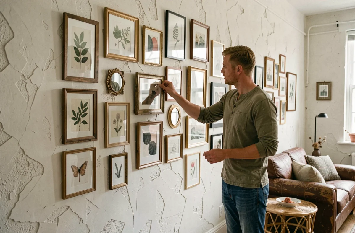 Homme arrangeant un mur galerie avec des cadres vintage et des illustrations botaniques dans un appartement urbain cosy