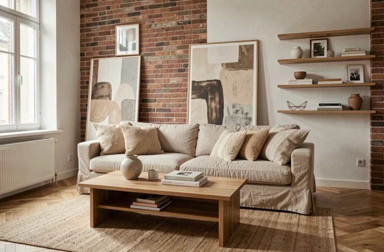 Salon moderne décoré avec style dans un appartement scandinave, canapé en lin beige, table basse en chêne et œuvre d'art abstraite