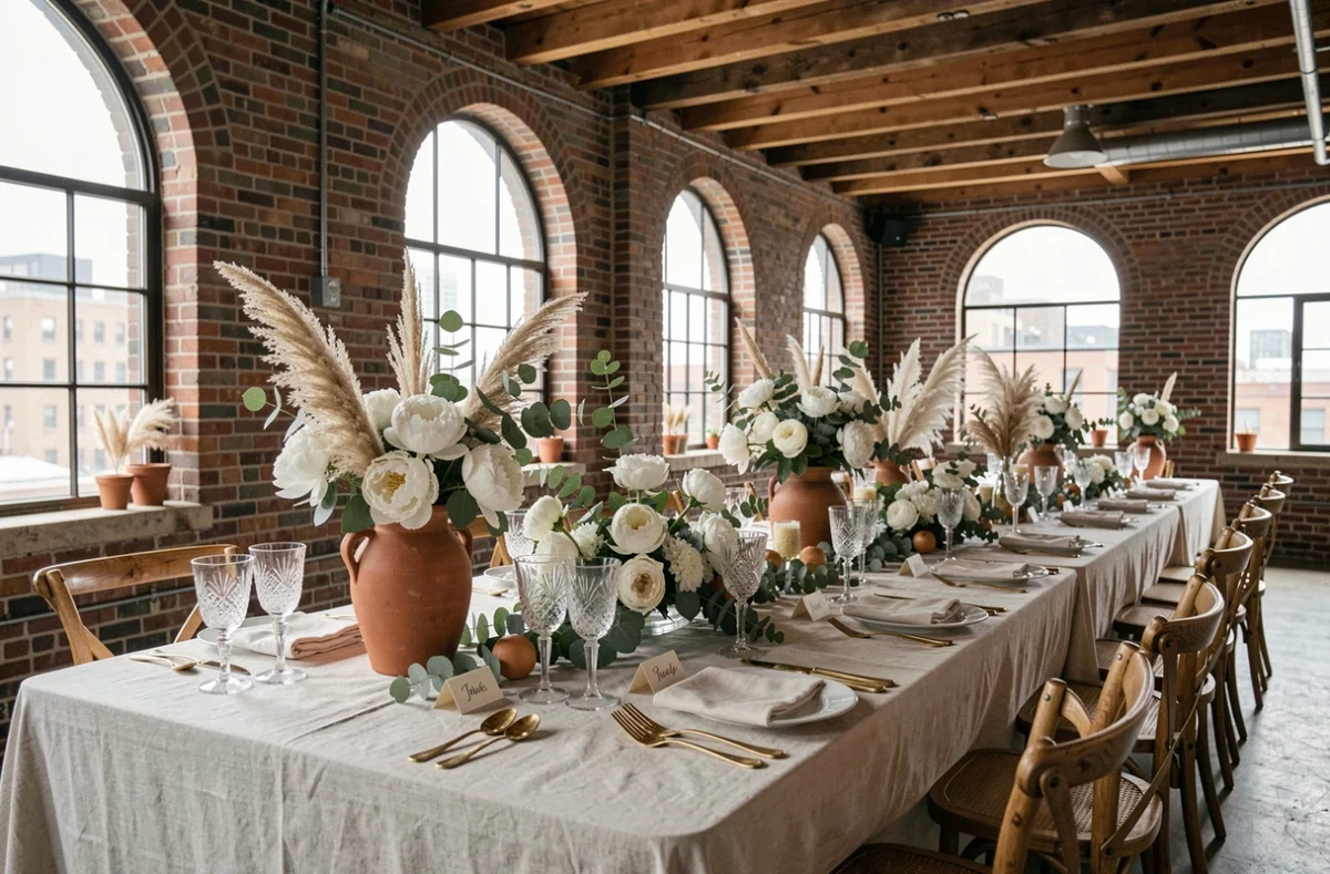 Table de mariage élégamment décorée avec des pivoines blanches, vaisselle vintage et verres en cristal dans un loft industriel