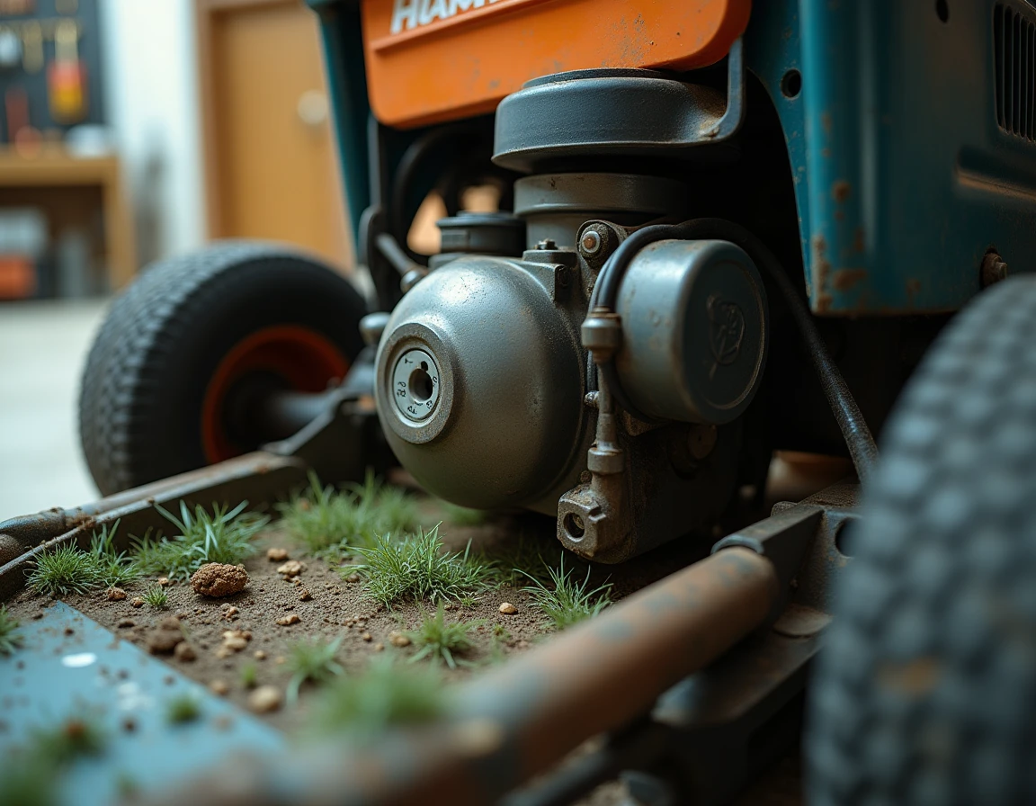 Détail du moteur et du plateau de coupe d'un tracteur tondeuse avec signes d'utilisation régulière
