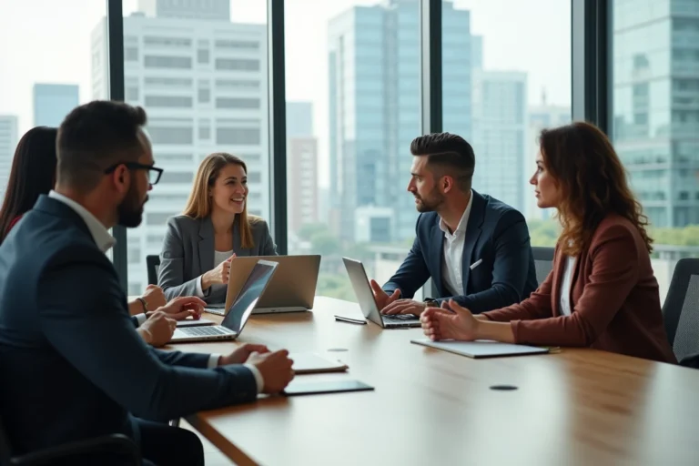 Groupe de professionnels en réunion dans un bureau lumineux