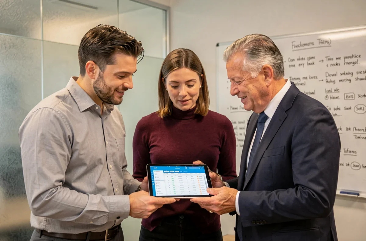 Équipe professionnelle analysant un logiciel de planification du personnel sur une tablette lors d'une réunion d'entreprise