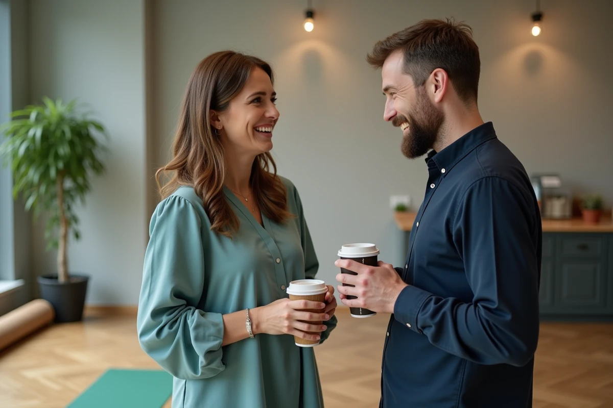 Deux employés discutant dans un espace bien-être d'entreprise aménagé avec coin yoga et station alimentation saine