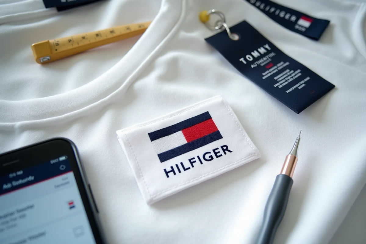 Gros plan sur l'étiquette intérieure et le logo drapeau d'un vêtement Tommy Hilfiger authentique pour vérification