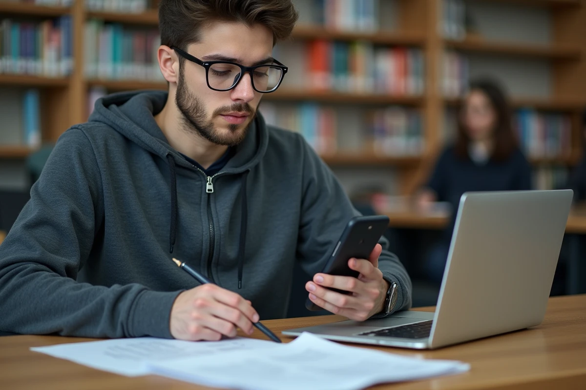 Étudiant consultant une liste d'attente universitaire sur E-Candidat depuis une bibliothèque universitaire