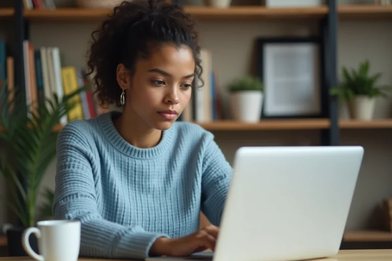 Étudiante consultant sa réponse d'admission sur la plateforme E-Candidat Sorbonne Nouvelle depuis son appartement