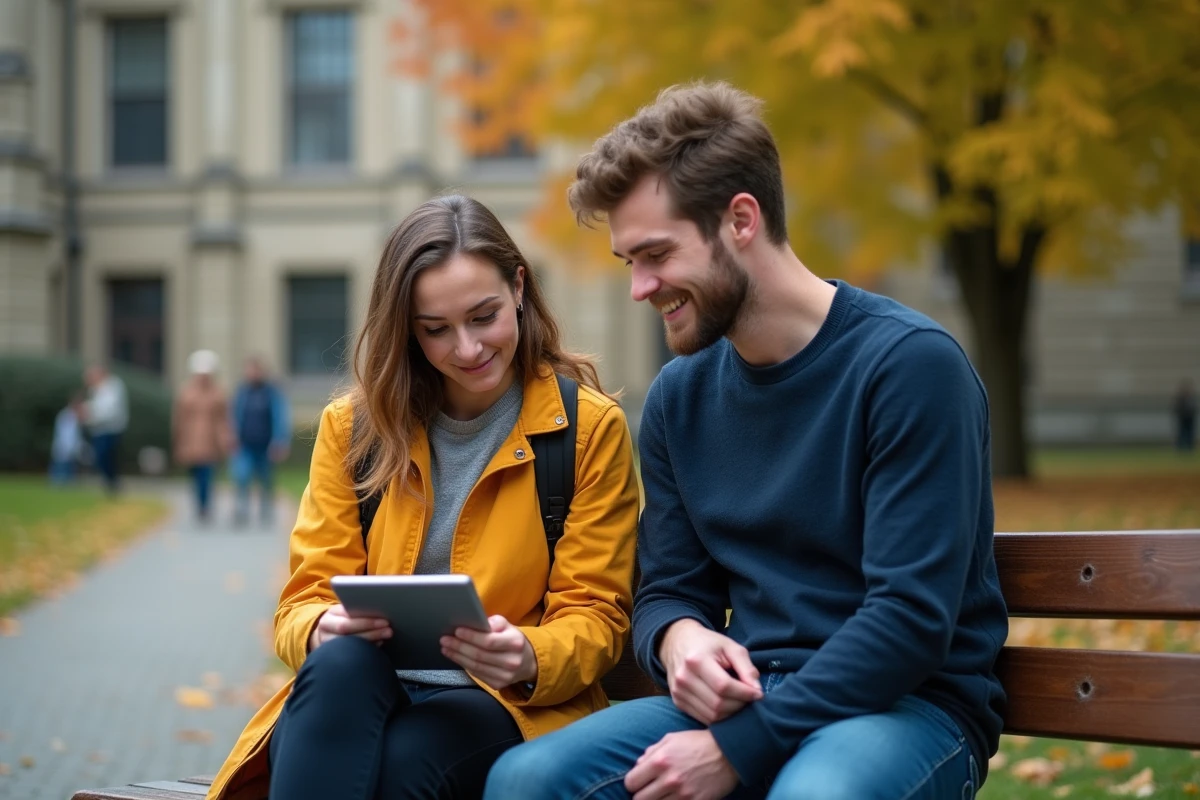 Deux étudiants discutant des résultats et listes d'attente E-Candidat sur un campus universitaire en automne