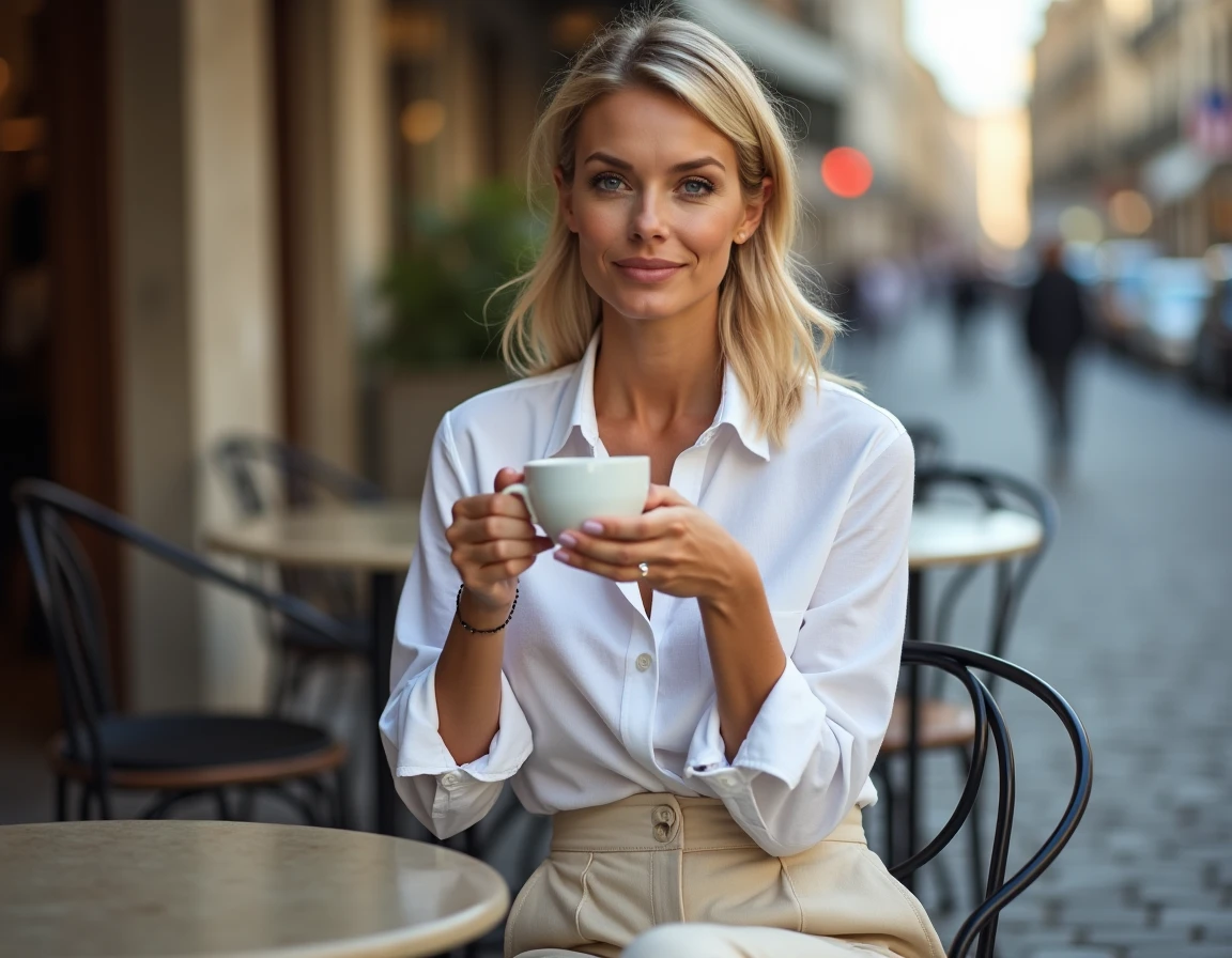 Femme blonde posée en chemise blanche à la terrasse d'un café européen avec un café entre les mains