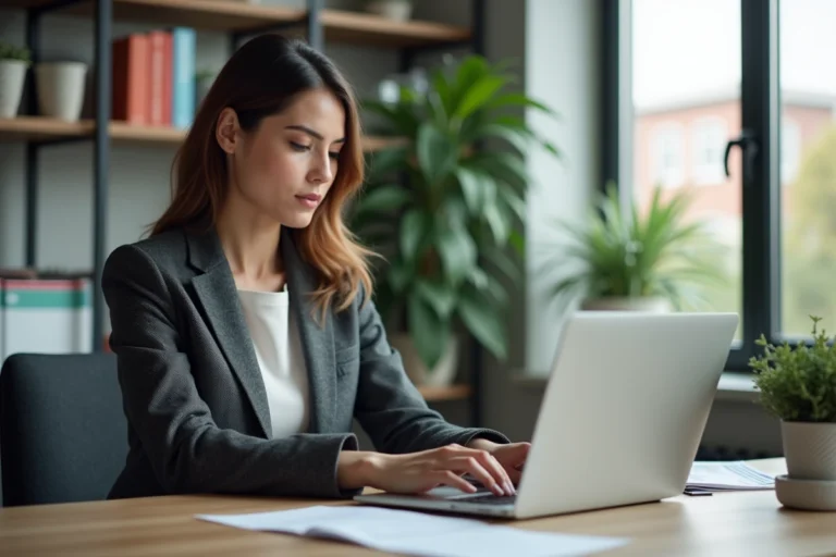 Femme professionnelle travaillant sur son ordinateur en bureau