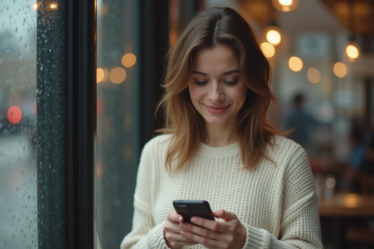 Femme regardant son téléphone près d un café sous la pluie