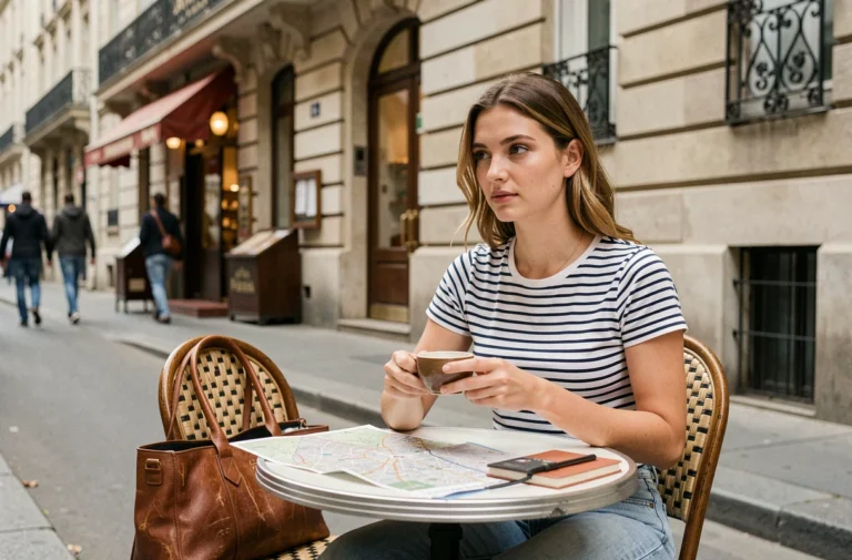 Jeune femme parisienne savourant un café en terrasse avec un carnet de bons plans à Paris