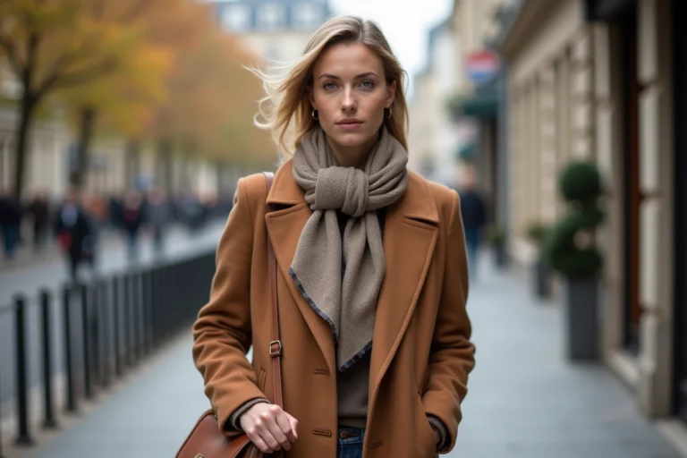 Femme élégante portant un manteau camel, un foulard en soie et un sac en cuir cognac dans une rue parisienne en automne