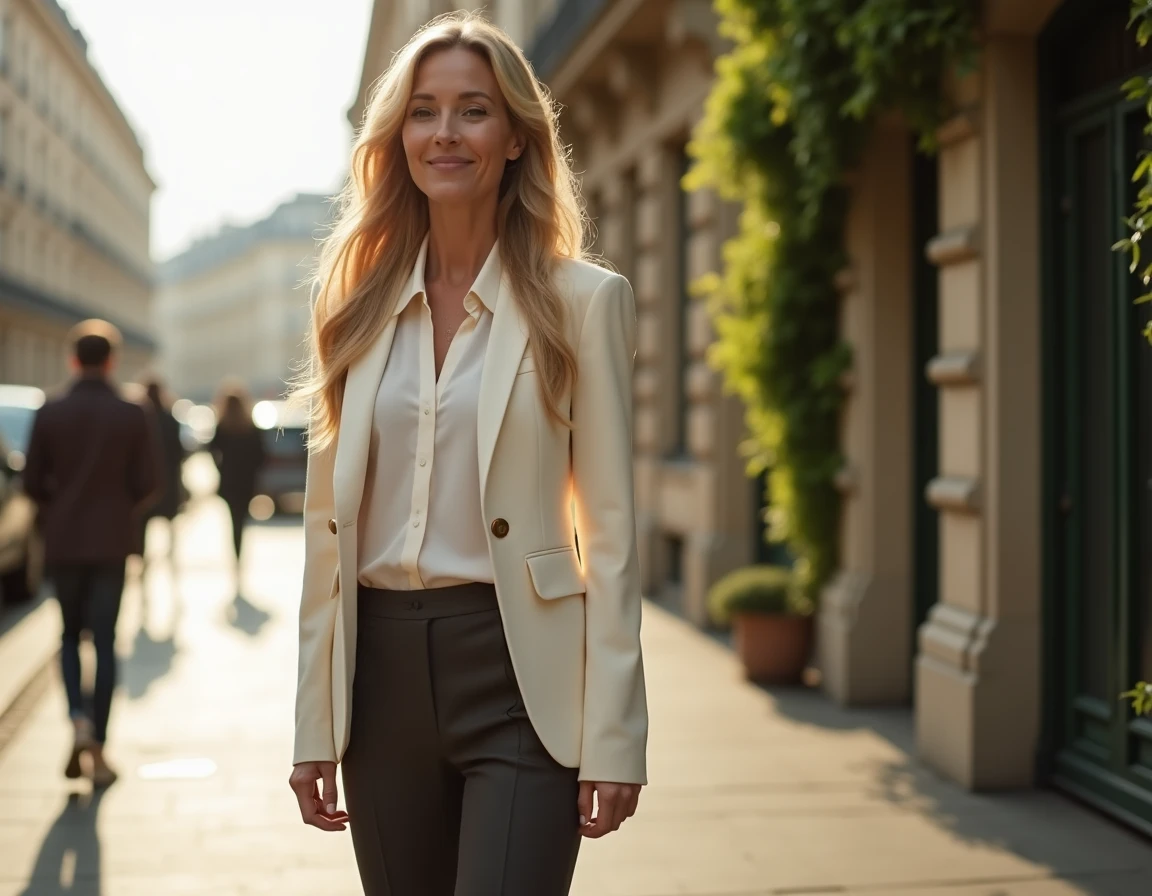 Femme élégante blonde de grande taille en veste crème devant un immeuble parisien en pierre