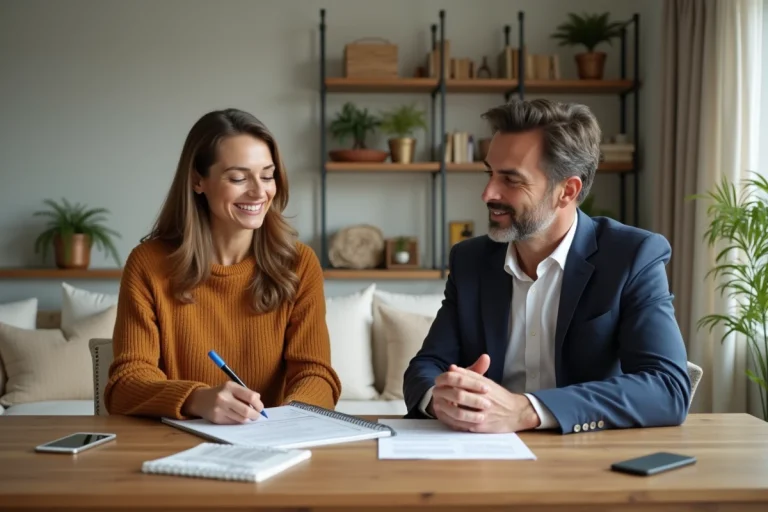 Femme souriante avec agent immobilier dans un salon chaleureux