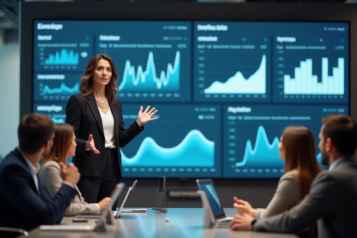 Femme confiante présentant des données dans un espace hightech