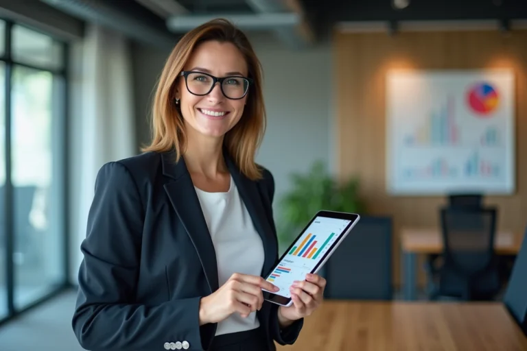 Femme professionnelle avec tablette dans un bureau moderne
