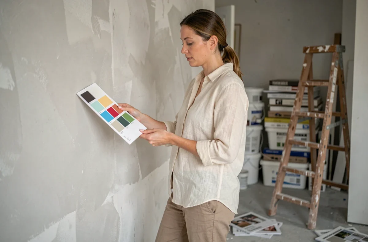 Femme consultant des échantillons de peinture dans une maison en cours de rénovation, conseils décoration intérieure