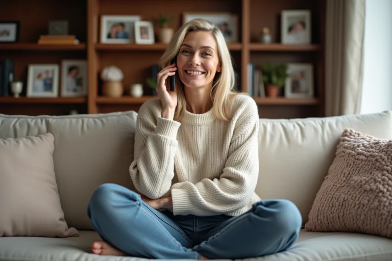 Femme d'âge moyen parlant au smartphone dans un salon chaleureux