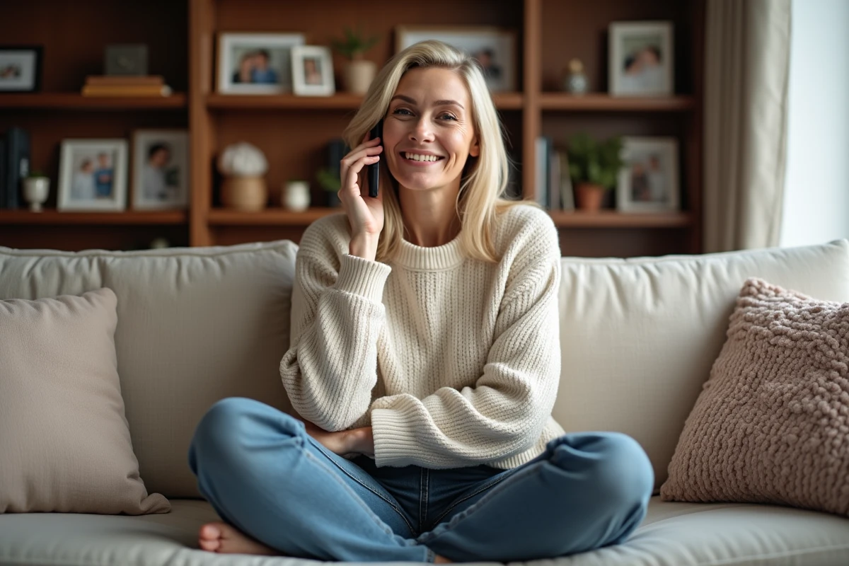 Femme d'âge moyen parlant au smartphone dans un salon chaleureux