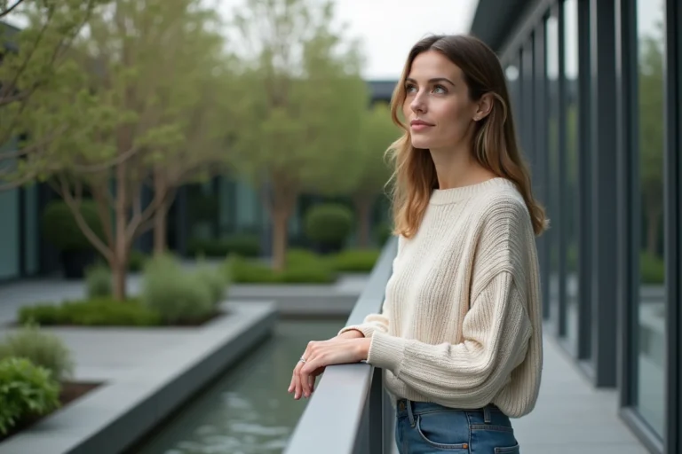 Femme élégante sur une terrasse moderne entourée de verdure