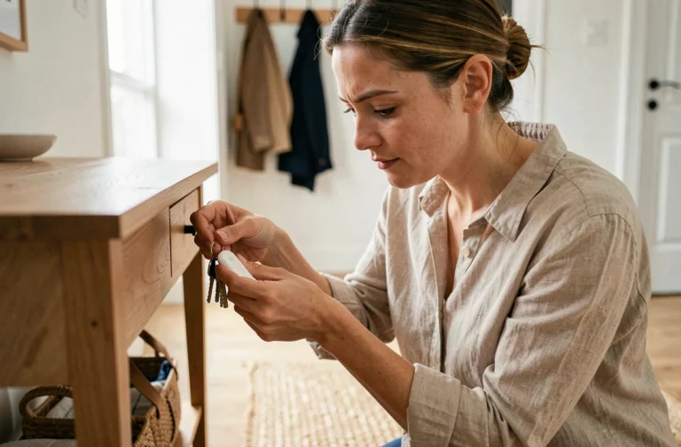 Femme attachant un tracker Bluetooth Rabbit Finder à son trousseau de clés dans un appartement scandinave
