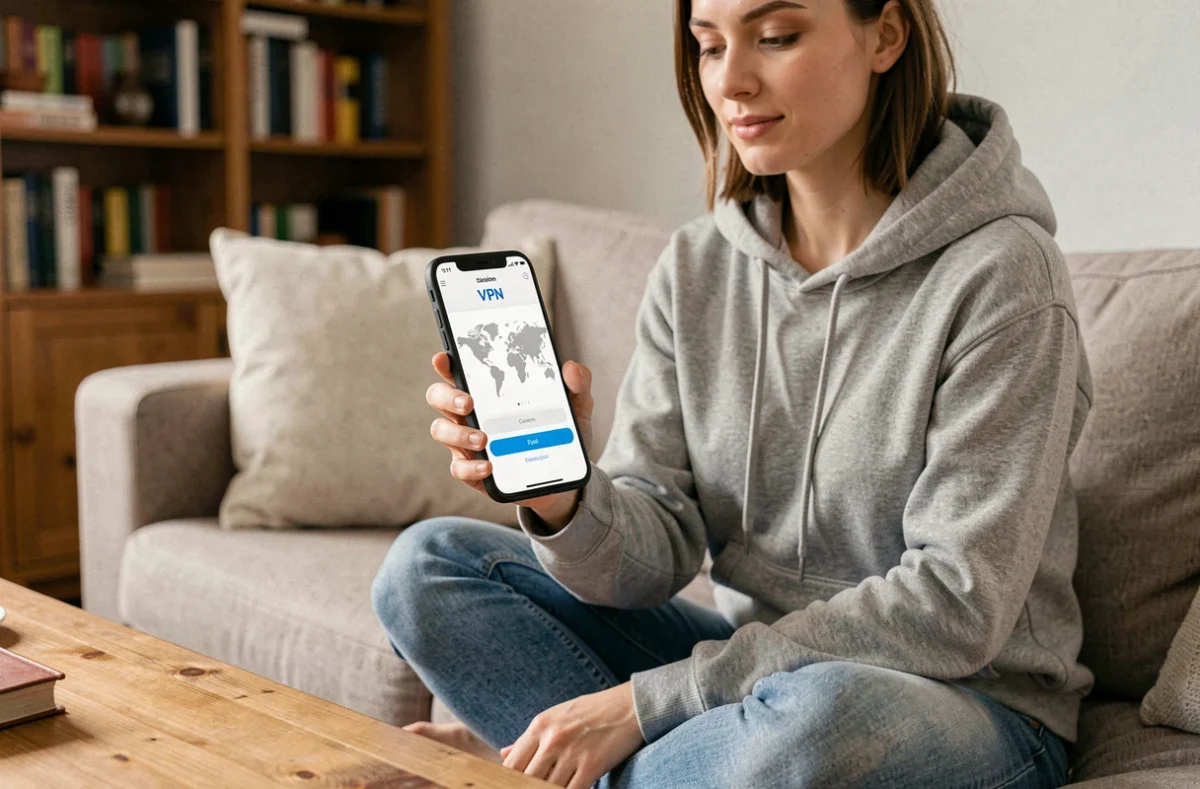 Femme utilisant une application VPN sur smartphone pour contourner un blocage d'accès