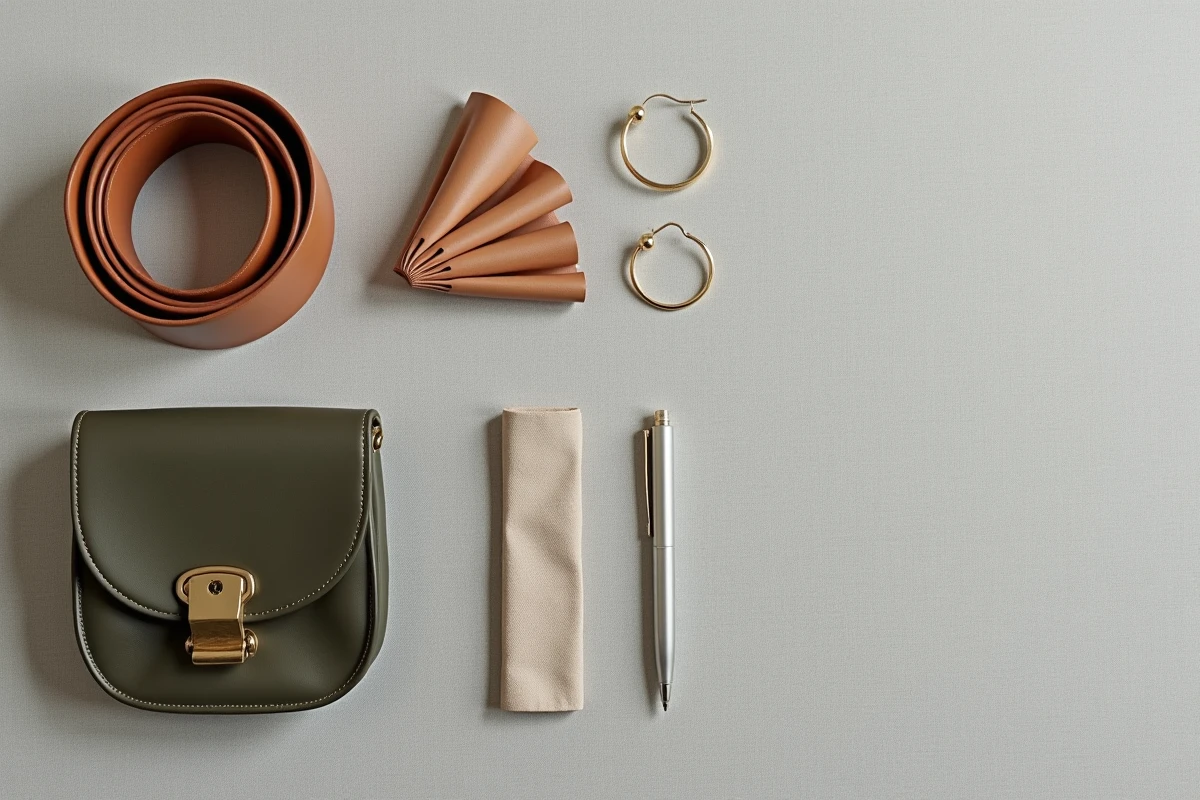 Flat lay d'accessoires de mode du quotidien sur lin gris : ceinture en cuir, boucles d'oreilles dorées, sac bandoulière et carré de soie