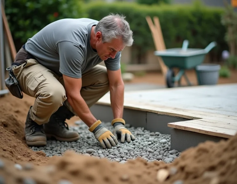 Ouvrier inspectant les couches de fondation en gravier compacté sous une terrasse en béton en construction
