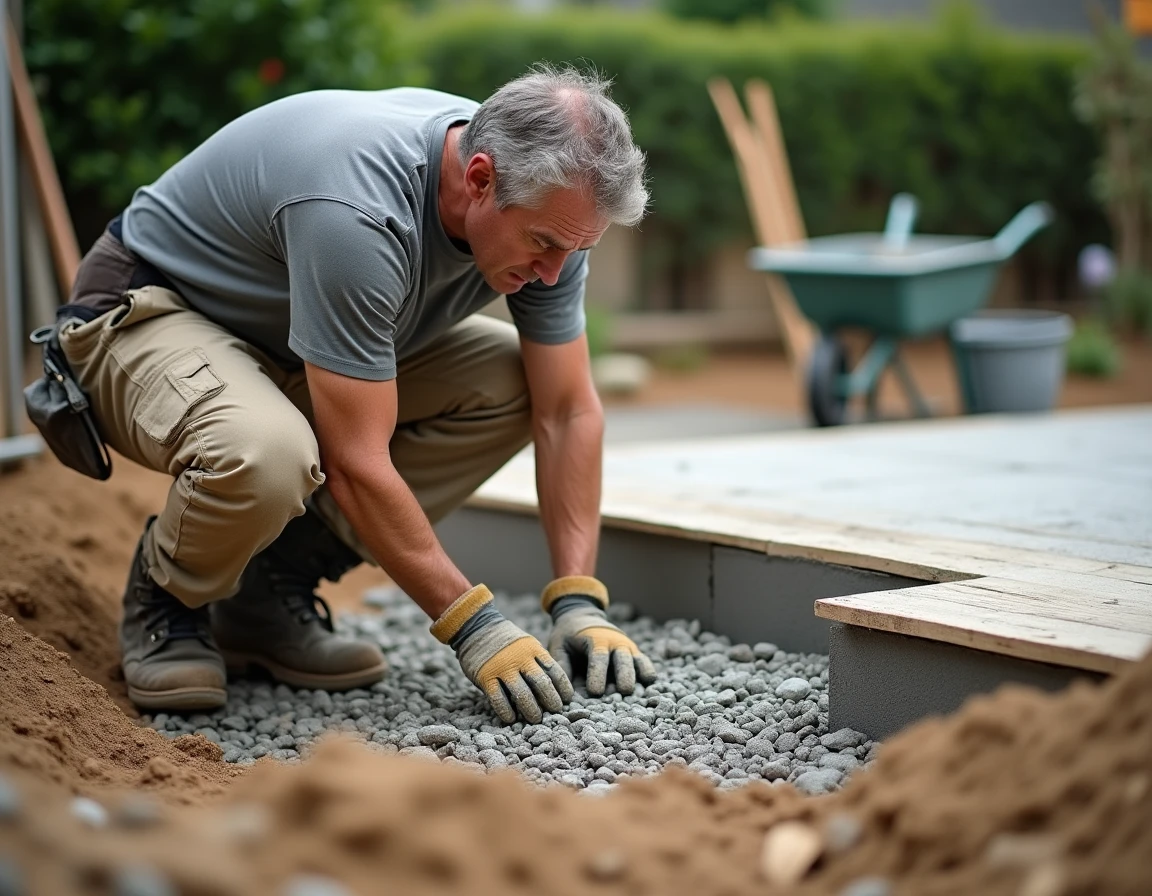 Ouvrier inspectant les couches de fondation en gravier compacté sous une terrasse en béton en construction