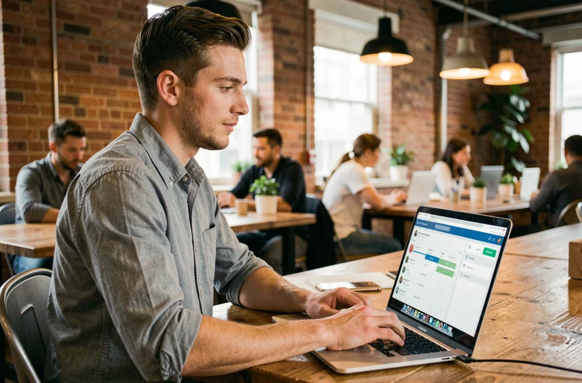 Jeune professionnel gérant des ressources humaines à distance sur un ordinateur portable dans un espace de coworking