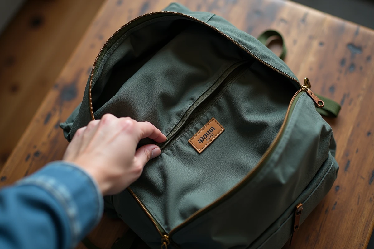 Gros plan sur l'étiquette intérieure et les coutures d'un sac Cabaia pour vérifier son authenticité