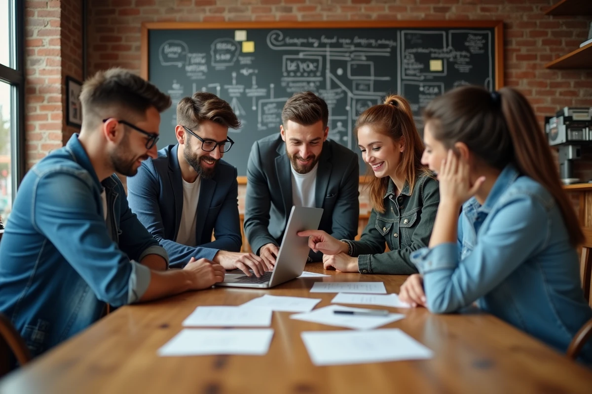 Jeunes adultes en brainstorming dans un café coworking