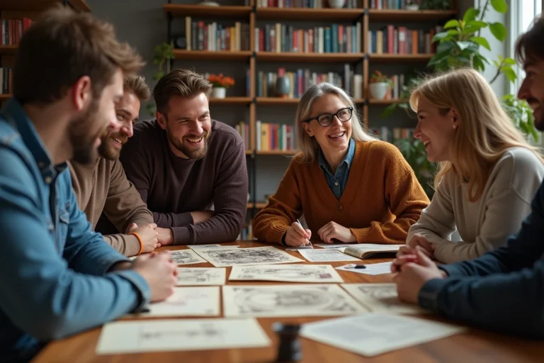 Groupe de joueurs de roleplaying autour d'une table chaleureuse