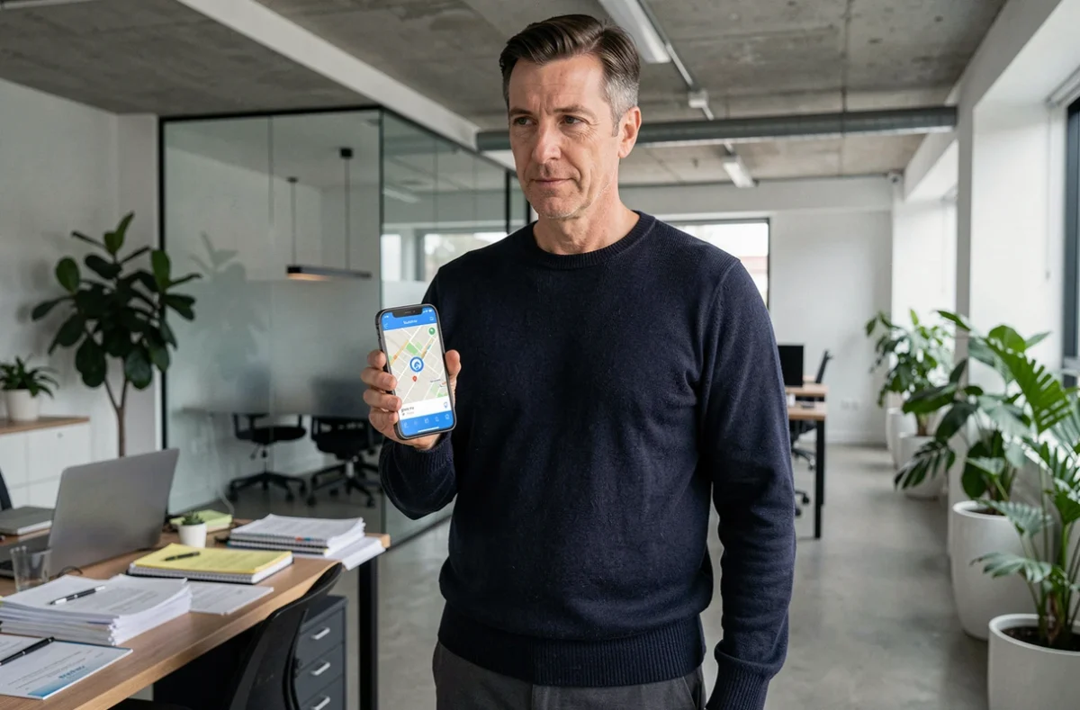 Homme consultant l'application de localisation Rabbit Finder sur son smartphone dans un bureau moderne