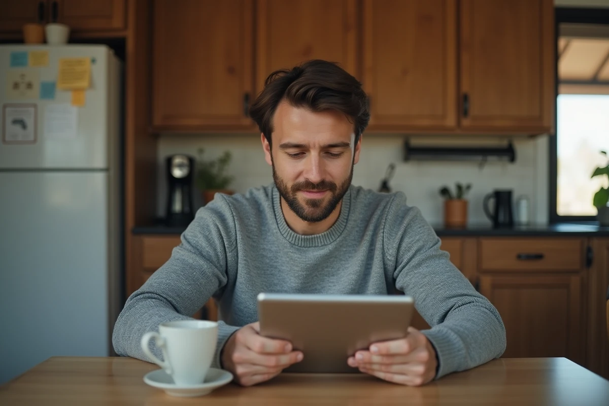 Homme détendu envoyant un email sur une tablette à la maison