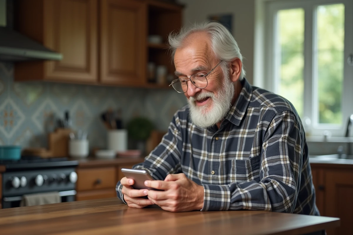Homme âgé en cuisine faisant un appel vidéo sur son smartphone