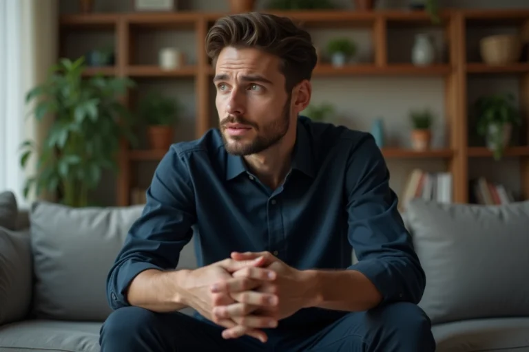 Homme pensif dans un salon cosy avec plantes